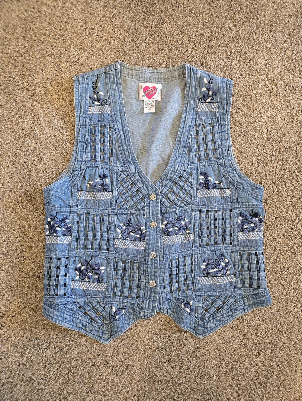 Vintage Denim Vest Keren Hart Embroidered Woven Granola Girl Boho 80s 90s Medium